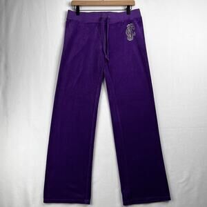 VTG Juicy Couture Purple Velour Track Pant Sz M Ultra LowRise Y2K Rhinestone 00s